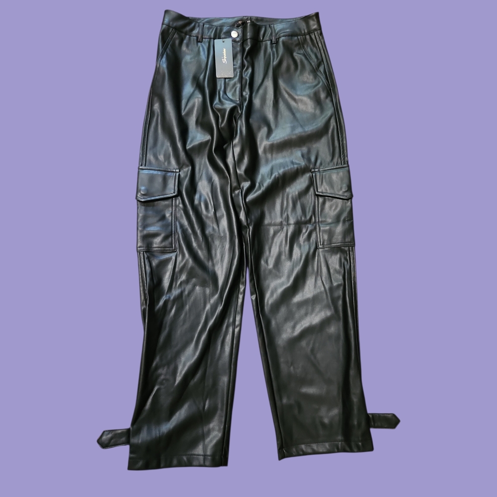 New! Shinestar Black Faux Leather Cargo Pants